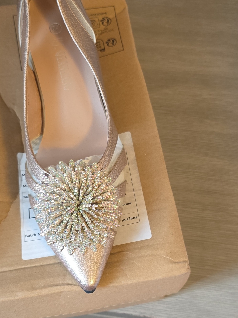 Crystal-Embellished Pointed Slingback Heels in Blush
